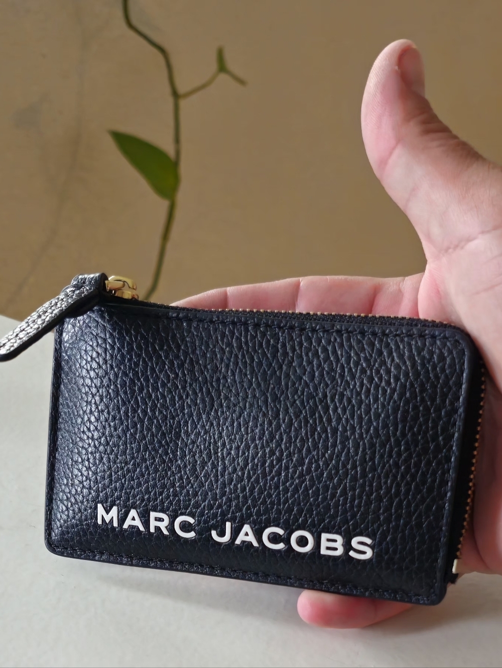 Marc Jacobs Black Pebbled Leather Zip Card Wallet with White Logo